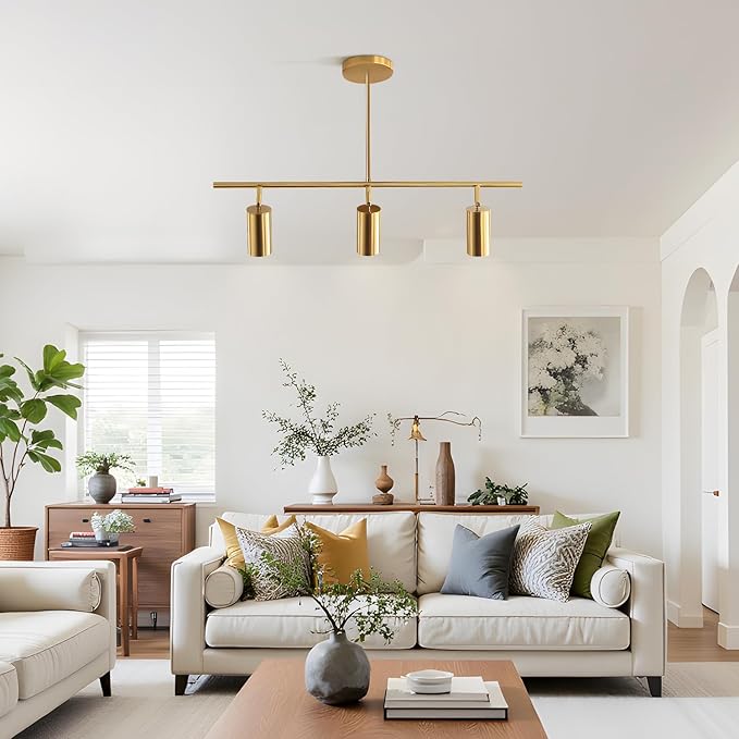 KCO Lighting Linear Pendant Light Ceiling Track Spotlight Gold 3-Light with Rods Adjustable Hanging Lighting Fixture for Dining Room Kitchen