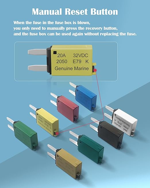 ATM Manual Resettable Fuse Low Profile Mini Blade Fuses 5A 6A 7.5A 10A 15A 20A 25A 30A Amp Automotive Circuit Breaker Fuses Reset Fuses Assortment Kit Boat Marine RV Car Truc DC 12V 28 Volts