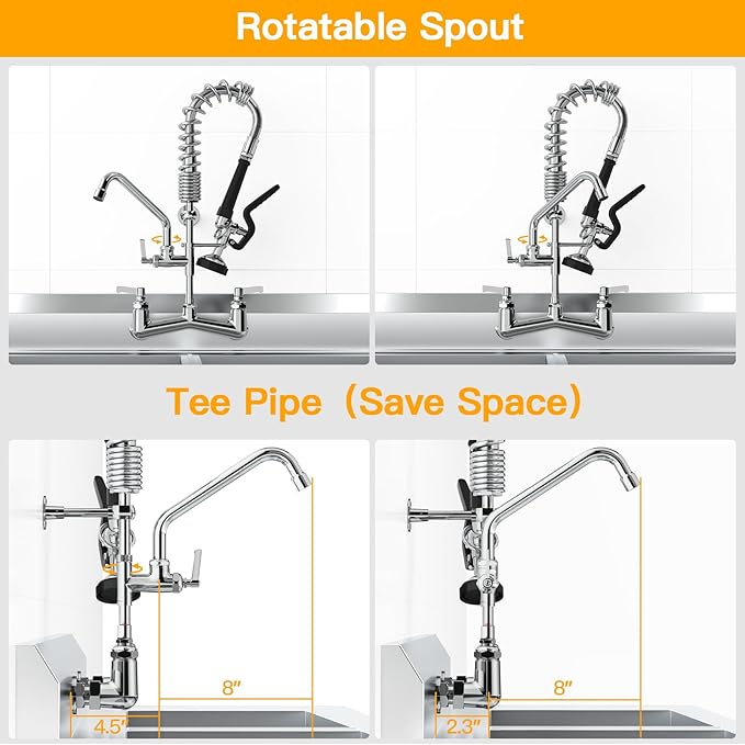 Commercial Sink Faucet with Sprayer 21" Height 8"Center Brass Constructed Wall Mount Commercial Kitchen Faucet with Pull Down Pre-Rinse Sprayer and 8" Swing Spout for 1/2 Compartment Sink（21"）