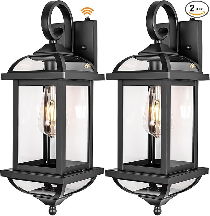 18” Dusk to Dawn Outdoor Lights for House 2-Pack, Anti-Rust Aluminum Exterior Light Fixtures with Fully Enclosed Bottom Outside Wall Lanterns IP65 Waterproof Porch Lights, Modern Black