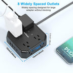 Surge Protector Power Strip-15 Ft Flat Plug Extension Cord with 8 Widely Outlets and 4 USB Ports(2 USB C) Multi Plug Outlet Extender for Office, School, Travel and Dorm Room Essentials-Black