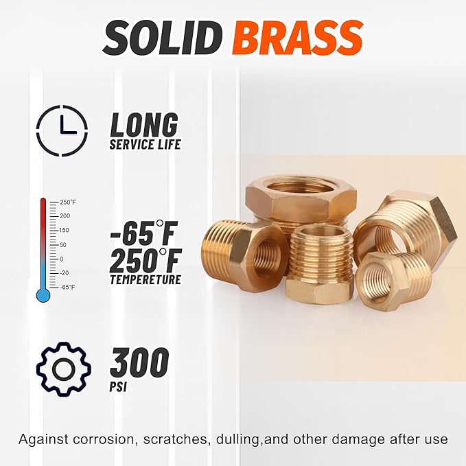 18PCS Brass Hex Bushing Fitting Kit,1/4" - 1/8", 3/8" - 1/8",3/8" - 1/4",1/2" - 1/4",1/2" - 3/8",3/4" - 1/2" NPT Pipe Fittings