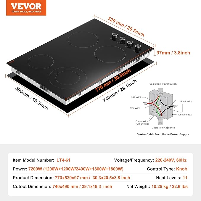 VEVOR Electric Ceramic Cooktop, Built-in Electric Stove Top, with Glass Panel, Knob Control, 11 Heat Levels, for Diverse Cooking Requirements (30inch-4burners/220V)