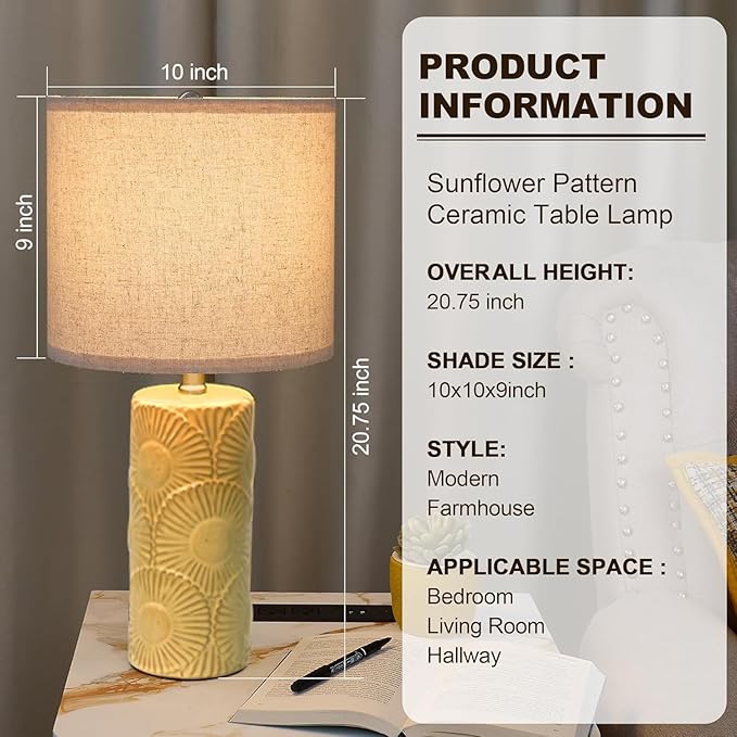 20.75" Ceramic Table Lamps for Living Room Set of 2, Yellow Flower Lamps for Bedroom Set of 2, Ceramic Bedside Lamp for Nightstand, Farmhouse Rustic Table Lamp for Home Decor