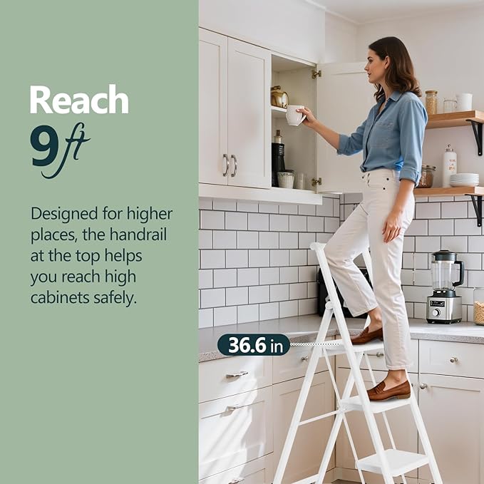 WOA WOA 4 Step Ladder, Foldable Ladder with Wide Pedals and Handle, Sturdy Ladders for Home and Kitchen with Anti-Slip Feet, Supports up to 330 lbs - White