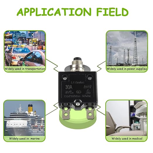 30A Manual Reset Push Button Circuit Breaker 125/250V AC 50V DC Thermal Overload Protector with Quick Connect Terminals and Waterproof Button Caps Assortment Kit(Pack of 1 pcs)