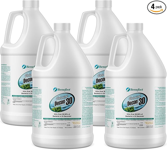 Benefect Botanical Decon 30 Disinfectant Cleaner - All Natural Formula for Effective Cleaning Power - Ideal for Restoration Jobs & Water Damage - 4 Gallons (4 Pack of 1-Gallons)