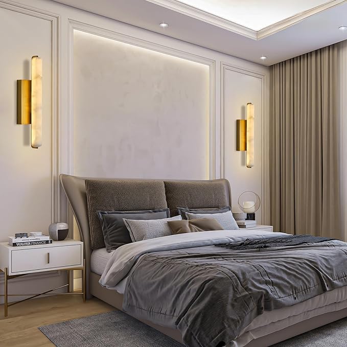 Alabaster Wall Sconces Set of Two, 15in Brass Alabaster Sconce, Modern Spanish Natural Marble Sconces Lights, Rectangle Gold Sconces for Bathroom Vanity Bedroom Living Room Staircases Hallway