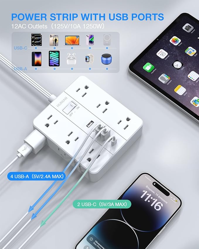 Flat Plug Power Strip Surge Protector, Flat Extension Cord Indoor 20 Feet， HUNIAN 12 Widely Spaced Outlets with 6 USB (2 USB C Ports), Desk Charging Station for Home Office Supplies, White