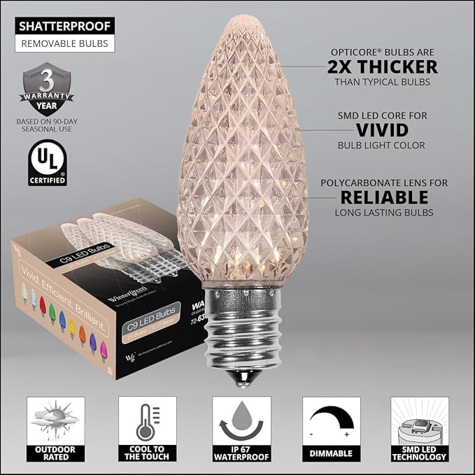 Wintergreen Lighting 25 Pack OptiCore LED C9 Warm White Christmas Light Bulbs - White Bulbs C9 LED Christmas Lights Heavy Duty Shatterproof E17 Bulbs/Base (Warm White Faceted)