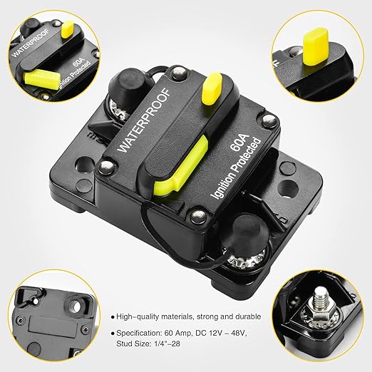 60 Amp Circuit Breaker, Huazu Inline Fuse Inverter with Manual Reset for Car Audio RV ATV Marine Boat Truck Trolling Motors 12V- 48V DC Water Proof (Surface Mount-60A)
