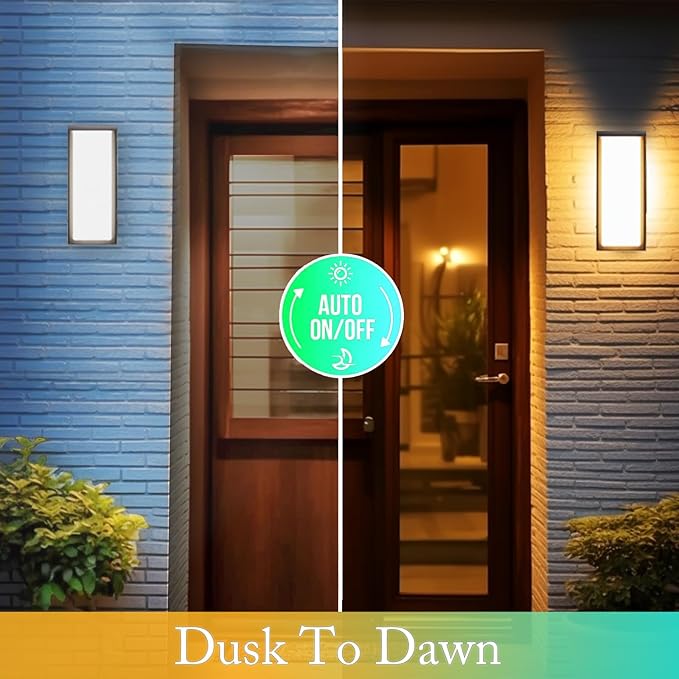 Modern Black Outdoor Wall Light Fixtures, 18/20/22W Porch Lights, IP65 Waterproof, 3-Color Temp Adjustable, Dawn to Dusk Exterior Sconces for House, Front Door, Rectangular Wall Mount