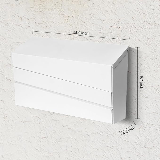 White Wall-Mount Mailbox, Modern Large Capacity Drop Mailboxes for Outside, Rust-Proof Galvanized Steel Post Box (No Keys Locking)