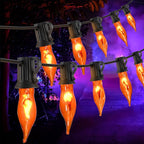 Flickering Flame String Lights Orange Halloween Lights with 10 Pack C7 Orange Flickering Light Bulbs, 12.8Ft Flame String Lights for Fall Decor Halloween Decorations for Home Party Yard Porch
