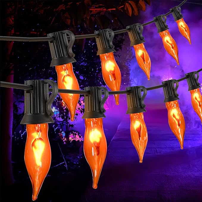 Flickering Flame String Lights Orange Halloween Lights with 10 Pack C7 Orange Flickering Light Bulbs, 12.8Ft Flame String Lights for Fall Decor Halloween Decorations for Home Party Yard Porch