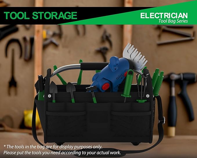 16 Inch Tool Bag, Open Top Tool Tote Bag, Tool Storage Bag with Handle and Shoulder Strap, Tool Box Organizer for Electricians, Gardeners, Mechanics