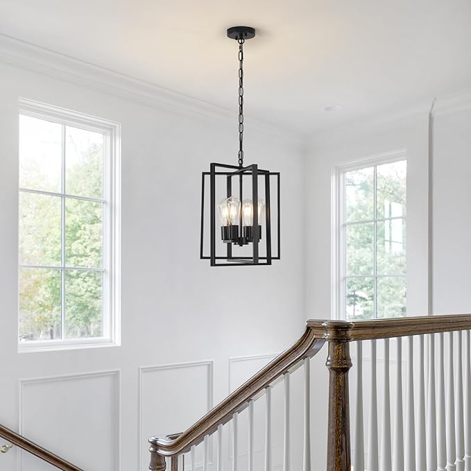 4 Light Modern Farmhouse Chandelier for Dining Room, Black Pendant Lights Fixtures for Kitchen Island, Foyer Lighting Fixtures High Ceiling for Entryway Hallway Living Room Bedroom