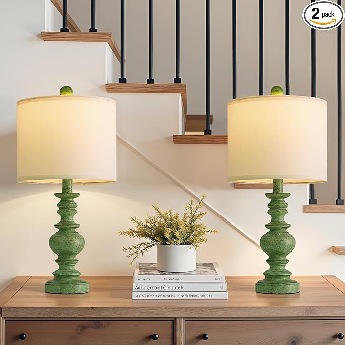 BOBOMOMO 20" Sage Green Table Lamps Set of 2 – Farmhouse Resin Bedside Lamps with Linen Shades, Handcrafted Traditional Rustic Lamp for Bedroom, Living Room, or Corner – Ideal for Small Spaces