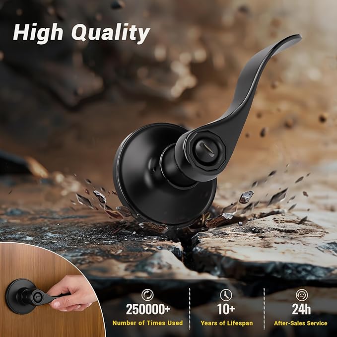 Knobonly 1 Pack Matte Black Privacy Door Levers Interior Door Handles for Bedroom and Bathroom Door Knobs Keyless Privacy Door Handles with Lock, Zinc Alloy Reversible for Right/Left