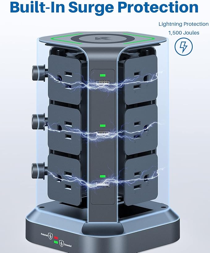 KOOSLA Power Strip Tower, [15W] Wireless Charger Surge Protector - 12 AC Multiple Outlets & 6 USB Ports, 6.5ft Extension Cord Charging Station for Office Supplies, Desk Accessories, Dorm Essentials