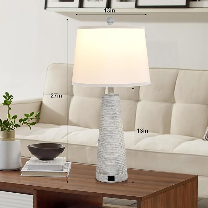 Terpsichore Bedside Lamps Set of 2 Nightstand Lamp Desk Lamps Vintage Rustic Farmhouse Table Lamp 3 Way Dimmable Light,Suitable for Living Room Bedroom,with Linen Shade LED Bulb,USB A+C Port