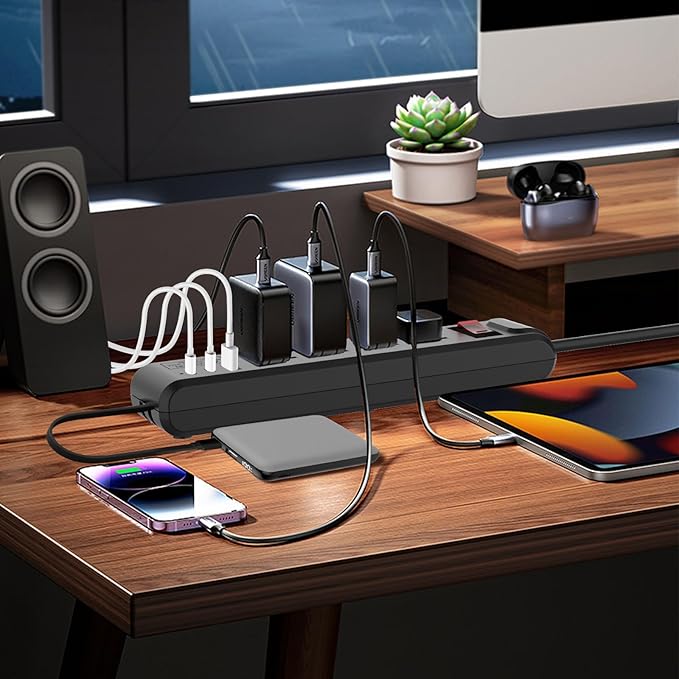 4-Outlet 6.5Ft Long Cord 2500W Power Strip Build-in Charging Cable and2 Type C (PD 23W) & USB (QC 3.0 5V3A) Fast Charging Ports Black