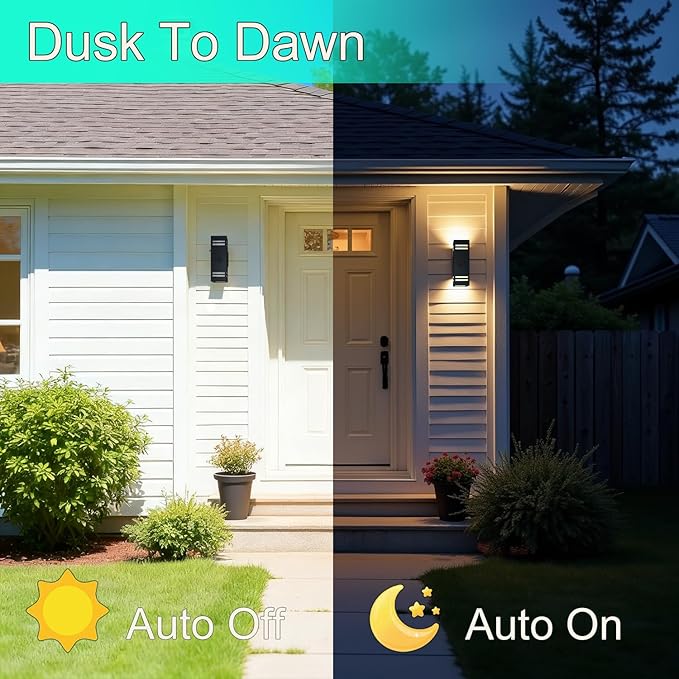 Motion Sensor Outdoor Wall Lights, Dusk to Dawn Porch & Patio Sconce with E26 Dimmable LED Bulbs, Black Aluminum Up & Down Exterior Lights for Garage, Garden, Front Door, ETL Listed