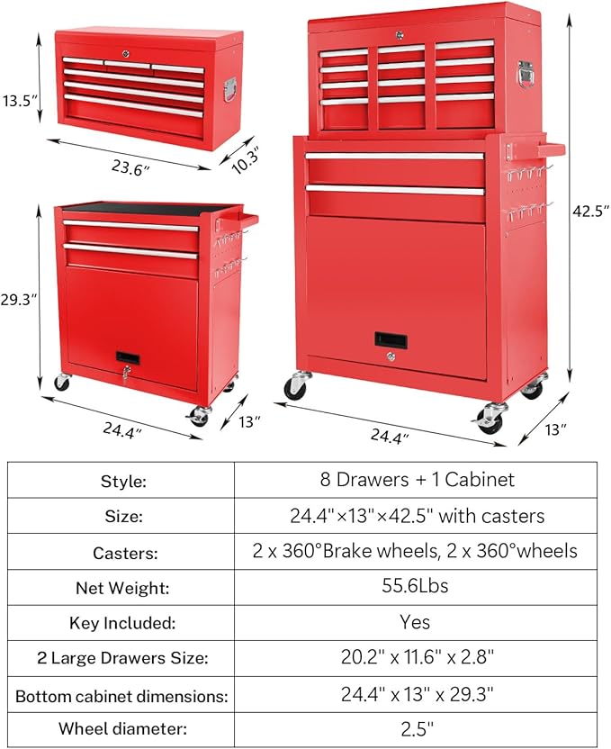 2 in 1 Tool Chest with 8 Drawers, Tool Cart with 7 Organizer Tray Divider Set & Wheels, Large Rolling Tool Box Organizer for Garage, Workshop, Home Crafts