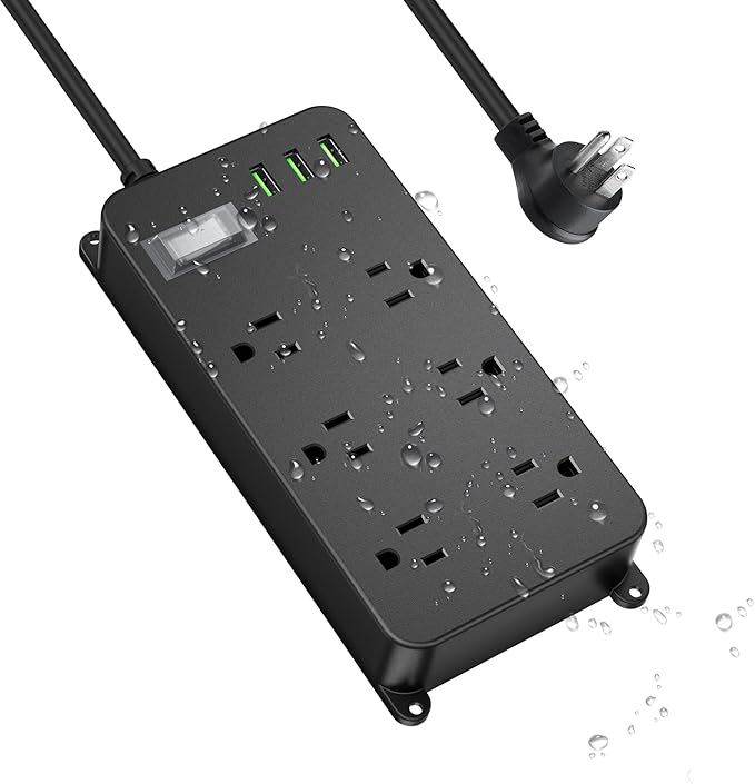Outdoor Power Strip Weatherproof with USB,Waterproof Surge Protector,3 USB Ports,6 Outlets,Multi Plug Electrical Outlet for Camping,Home Office Patio Porch,etc,6FT Cord,Flat Plug