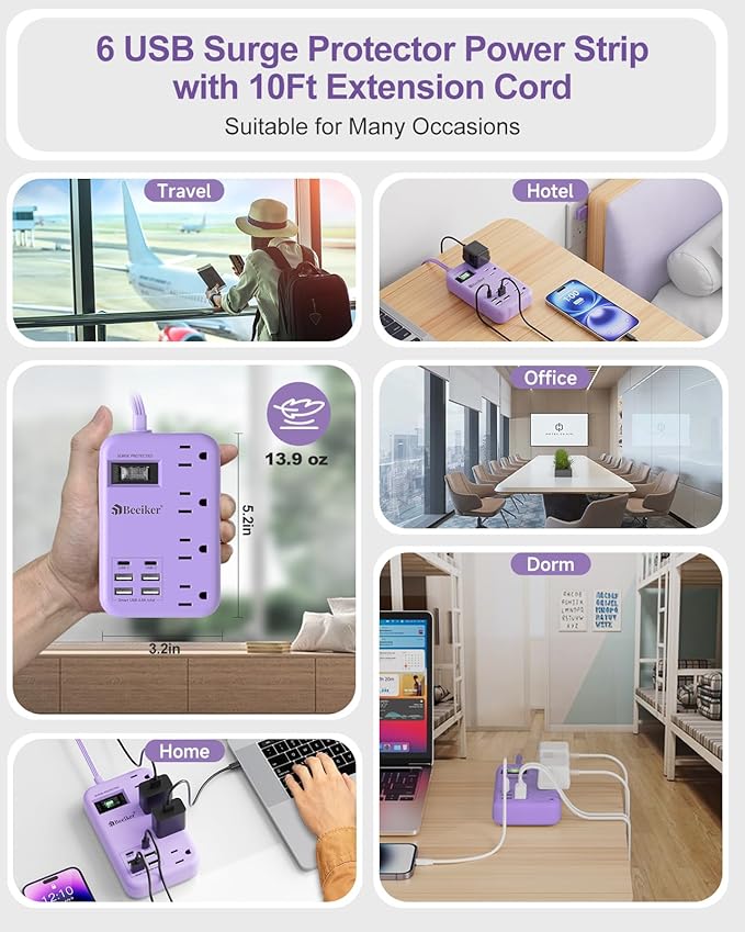 6 USB(2 USB C) Purple Surge Protector Power Strip- 10 Ft Purple Extension Cord with 24W USB Charging Station and 4 Outlets, Pink Desk Accessories for Cute Kawaii Lavender Travel Dorm Room