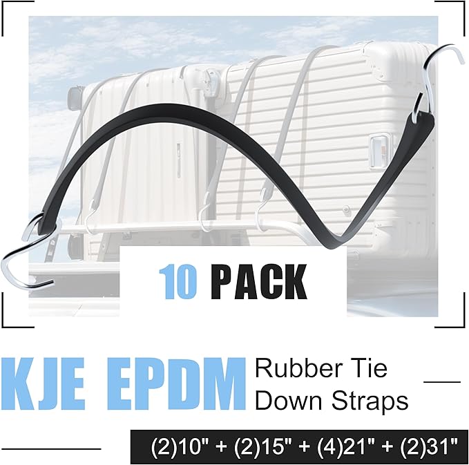 KJE 10Pack (10'', 15", 21", 31") Rubber Bungee Cords with S Hooks - Heavy Duty Black Bungee Straps, EPDM - Load 180 lbs, Outdoor Tie Downs, Securing Tarps & Canvases & Cargo in Cold Hot Climates