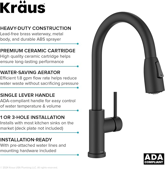 KRAUS Coda 2-Function Single Handle Pull Down Kitchen Faucet in Matte Black, KPF-1626MB