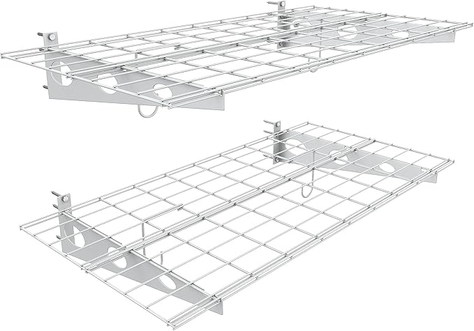 EVERHANGER Wall Mounted Garage Shelves, 2 x 4 ft Metal Storage Shelves, Heavy Duty Wall Shelving with Hooks, Holds Up to 220 Lbs, White