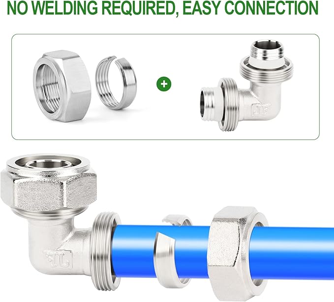 TAISHER 2PCS Brass-Nickel Plated Equal Elbow Fitting，3/4" Tubing,Tube Fitting For Air Piping System