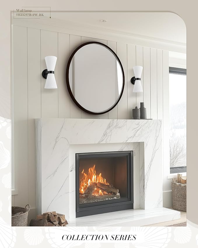 Modern Black Wall Sconce, HWH Up and Down Indoor Sconces Wall Lighting with Frosted Milk White Striped Glass Shade, Hardwired Wall Mounted Vanity Lamp for Bathroom, 5HZG97B-2W BK