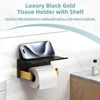 Toilet Paper Holder with Phone Shelf Black & Gold, APLusee 304 Stainless Steel Tissue Roll Dispenser Storage, Bathroom Accessories Wall Mounted