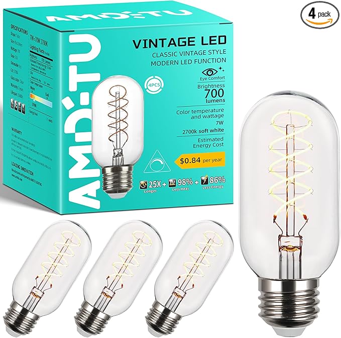 AMDTU Light Bulbs 75 Watt Equivalent, Ultra Filament Spiral LED Edison Bulb 7W, 700 Lumens E26 Base Edison LED Bulbs Dimmable, Soft White 2700K T45 Clear Glass Bulbs, 4 Pack