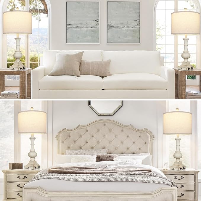 26" Farmhouse Table Lamps Set of 2, Rustic Touch Control Bedside Lamps with 2 USB Ports & AC Outlet, Vintage White Resin 3-Way Dimmable Nightstand Lamp Linen Fabric Shade for Living Room Bedroom Decor