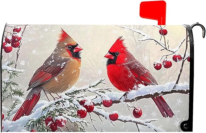Kawani Winter Mailbox Cover Christmas Birds Holly Berry Branches Snow Mailbox Covers Magnetic Standard Size 25.5x21 Inch Winter Xmas Holiday Post Letter Box Cover for Garden Yard Decor