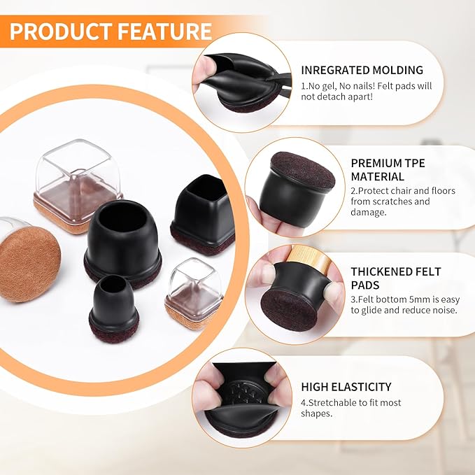 Ezprotekt 24 Pcs Round Silicone Chair Leg Floor Protectors with Felt, Floor Protectors for Chair, Felt Furniture Pads, Chair Leg Caps Cover, Bar Stool Leg Floor Protectors (L Fit: 1.1" - 1.3", Black)