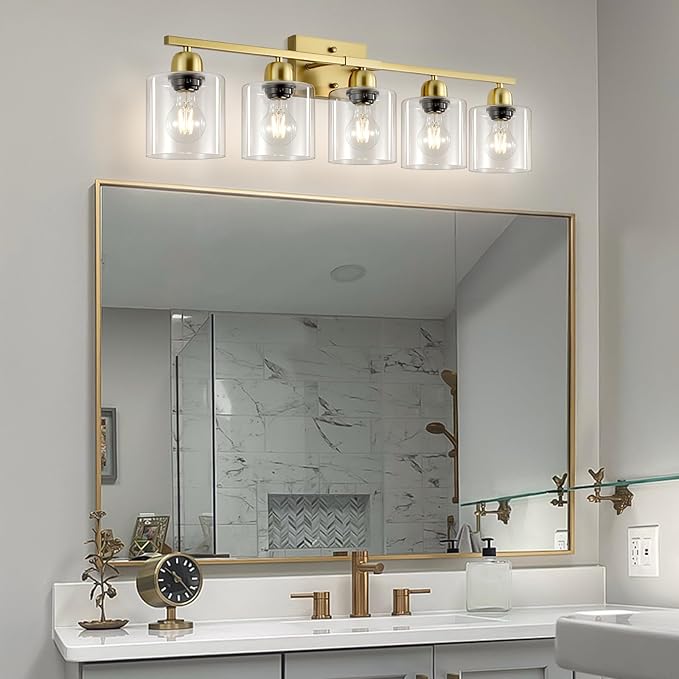 Modern Brushed Gold 5 Light Bathroom Vanity Light,31 inch Vanity Lights for Bathroom with Clear Glass for Mirror Kitchen Living Room Hallway Cabinet Porch