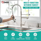 GIMILI Commercial Kitchen Faucet with Pull Down Sprayer, Double Headed Single Handle High Pressure Kitchen Faucet with Soap Dispenser Brushed Nickel