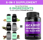 6-in-1 Organic Maca Root & Ashwagandha Capsules 1710mg w/DHEA & Black Pepper Fruit Extract - Maca Root Capsules for Women & Men - Stamina, Bone and Mood Support Supplement,120 Capsules (40 Servings)