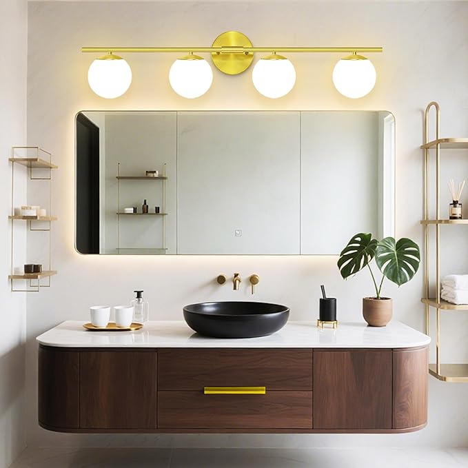 New Bathroom Vanity Light Fixtures Brushed Bronze Milk White Globe Glass Shade Modern Wall Bar Sconce Over Mirror (Brushed Brass, 4T)