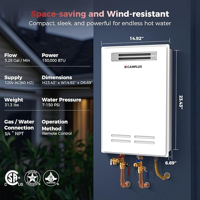 CAMPLUX Climatech 5 150,000 BTU Tankless Water Heater Gas Outdoor, 5.28 GPM On Demand Instant Tankless Hot Water Heater Natural Gas, Outdoor Installation, White, WA528