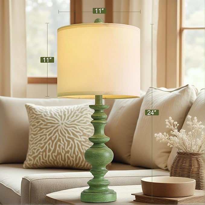 BOBOMOMO 24" Farmhouse Table Lamps Set of 2 – Sage Green Bedside Lamps with Linen Shades, Medium Traditional Lamps for Living Room, Bedroom, and Entryway, Vintage Lamp with Soft Natural Serenity