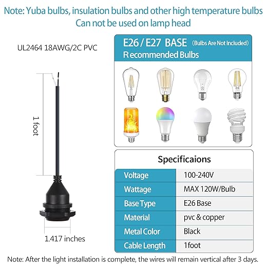 Light Socket with Cord Outdoor Light Socket Wire with E26/E27 Socket Light Bulb Socket with Cord Temporary Construction Lighting Waterproof Socket Corded (6 Pack) 1Foot 20Awg Ma6009