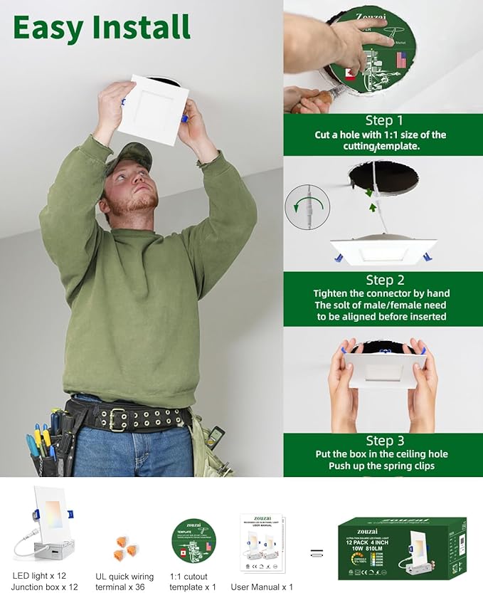 zouzai 4 Inch Square LED Recessed Light for Round Cut Outs,Ultra-Thin 5CCT Selectable & Dimmable Downlight with Junction Box, ETL & Energy Star Certified【12 Pack White】