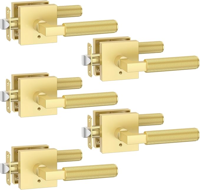 Amerdeco 5 Pack Privacy Door Handles - Brushed Gold Interior Lever, Heavy Duty for Bedroom and Bathroom, Knurled, Reversible Keyless for Right & Left Side AM0021