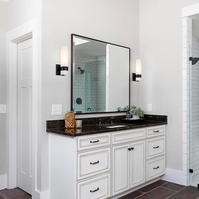 XiNBEi Lighting Black Wall Sconce, Modern Bathroom Sconce Light with White Glass Single Wall Light Fixtures for Hallway Bedroom & Living Room Corridor XB-W1185-MB